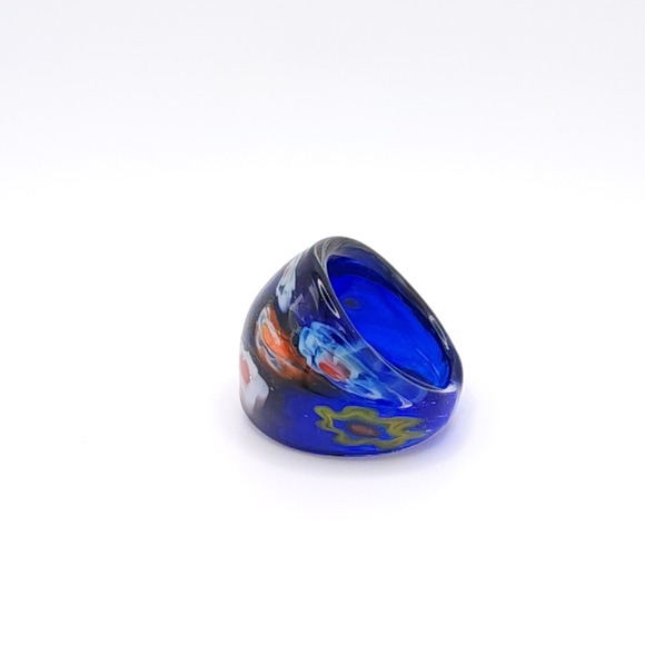 Murano Style Hand Blown Glass Ring Women's Blue Art Floral Design Boho Size 6 - Picture 8 of 14